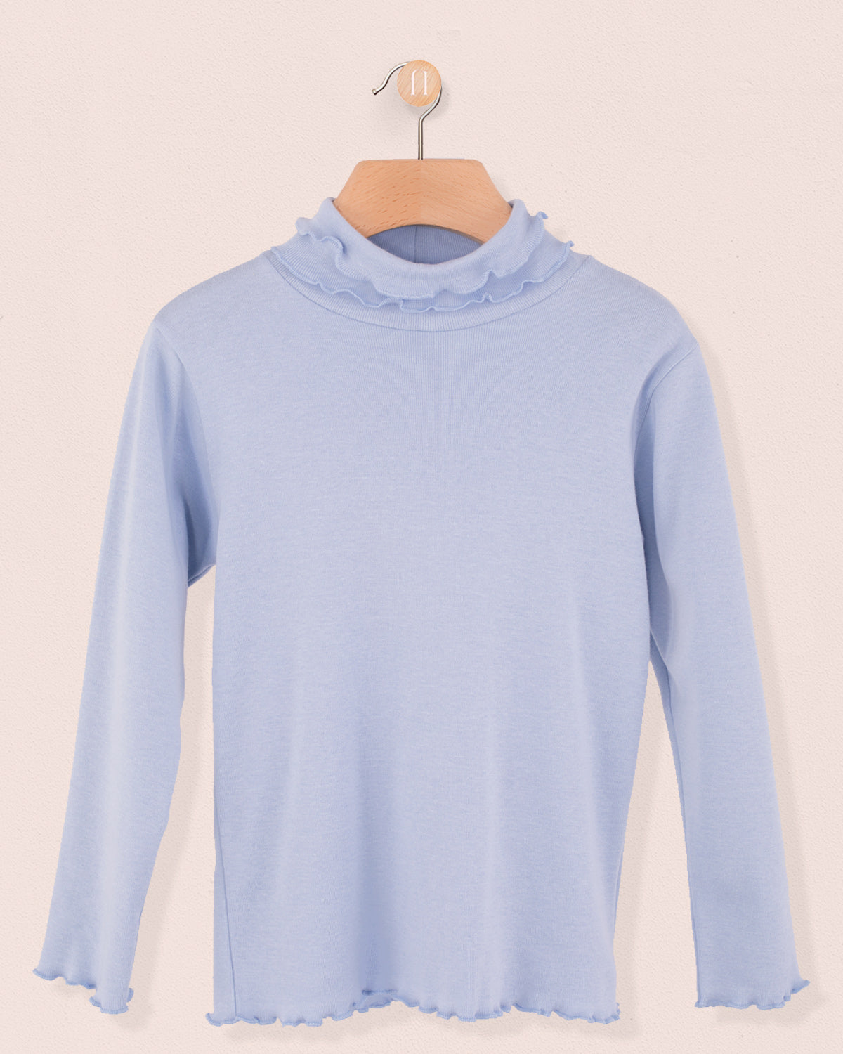 Ruffle Turtleneck Italian Brushed Cotton Light Blue